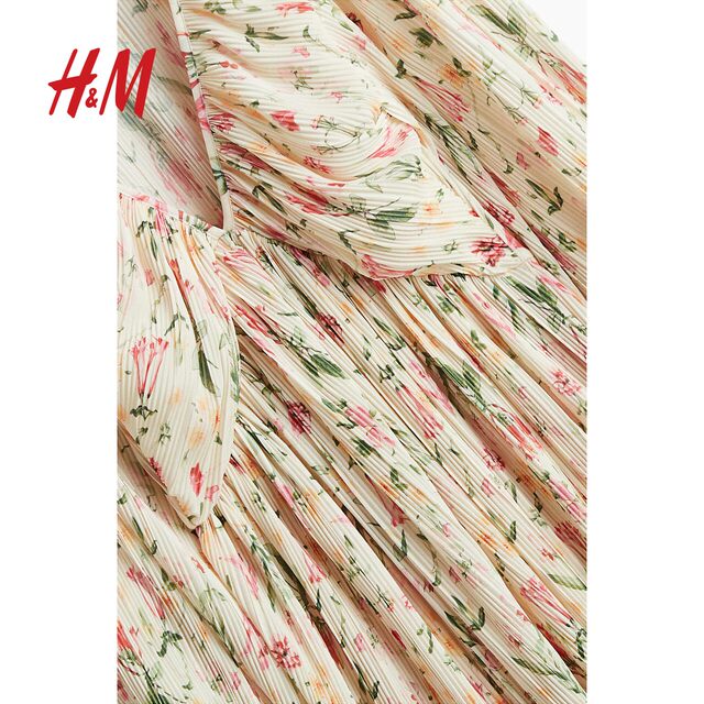 HM Women's Floral Dress 2025 Autumn New V-neck Waist French Long Sleeve Plant Print Long Dress 1265348