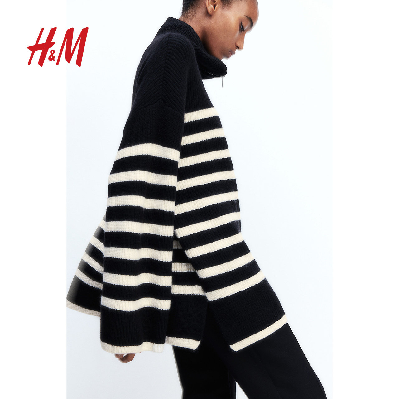 HM女装毛针织衫冬季条纹拉链高领罗纹针织套衫1089156,淘宝优惠券,粉丝福利购,淘宝优惠卷