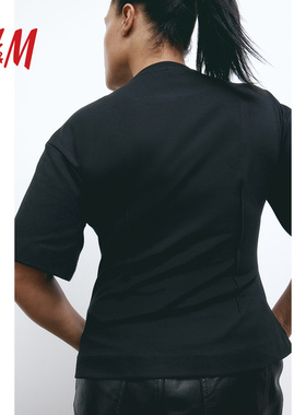 HM女装2024夏季新款圆领休闲锥形纯色收腰款T恤1210799