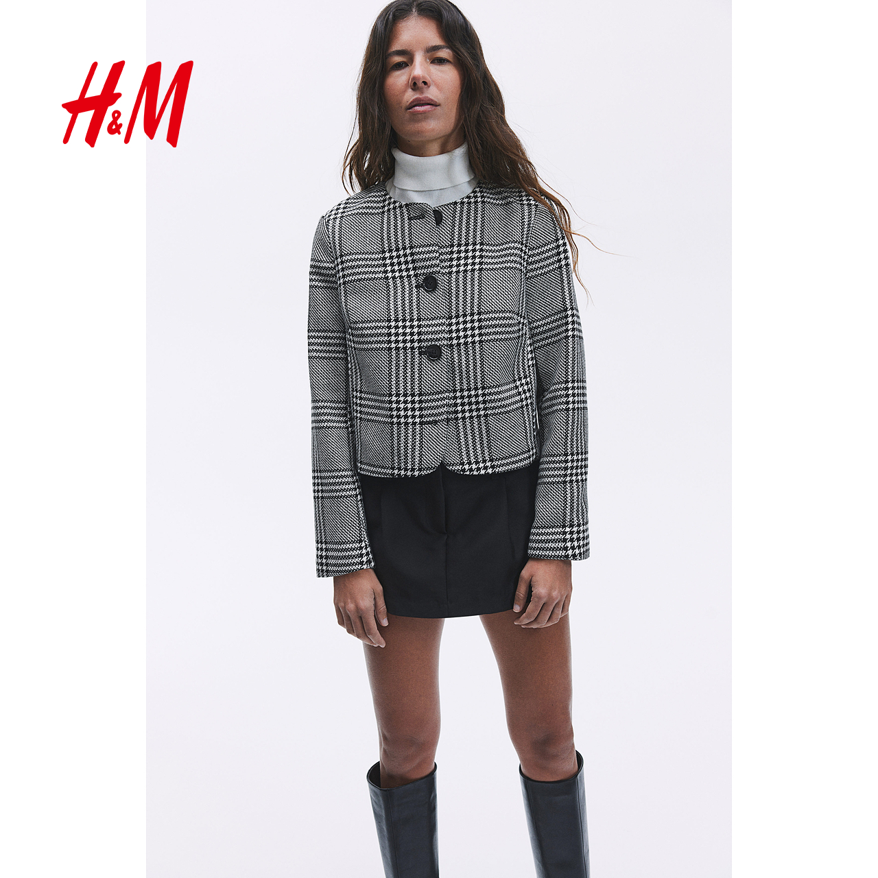 HM女装短外套2025秋季新款长袖圆领单排扣设计感廓形外套1277879 - 图1