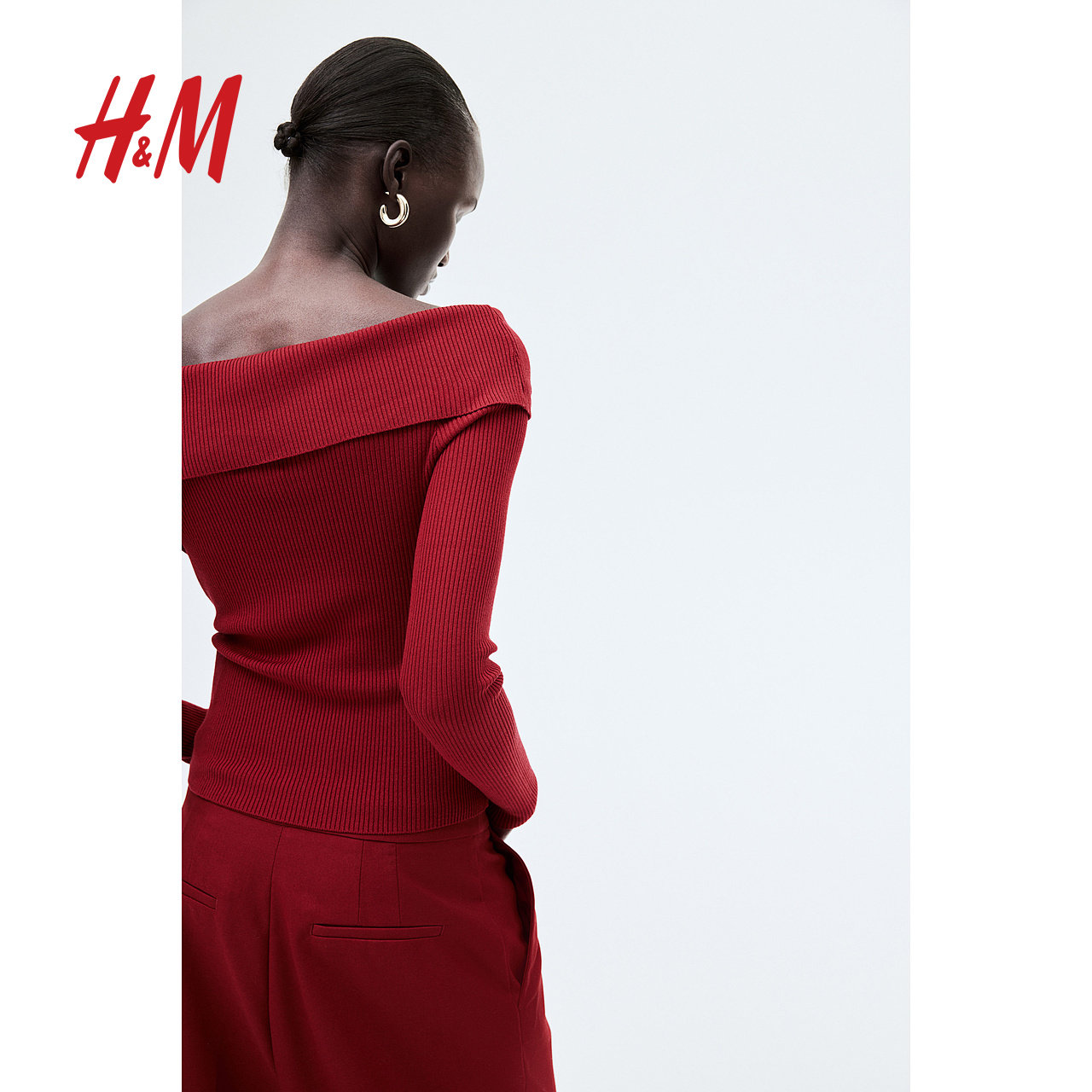 HM女装红色毛针织衫冬季内搭毛衣新年战袍修身露肩上衣1237775,淘宝优惠券,粉丝福利购,淘宝优惠卷