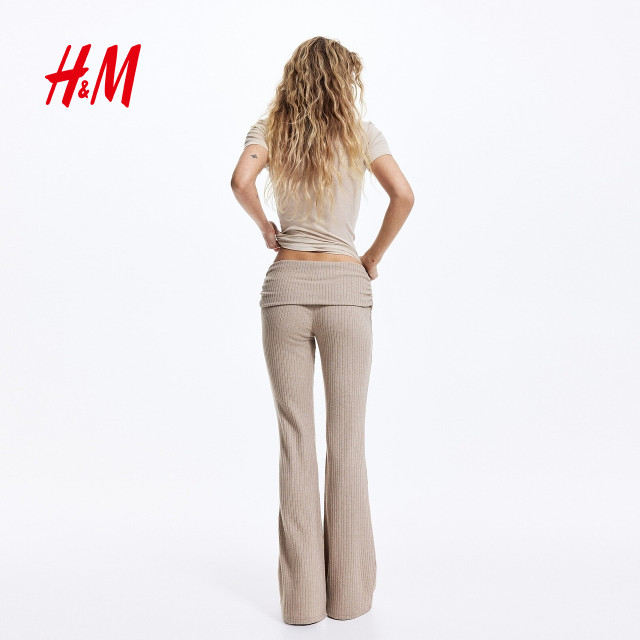 HM Women's Pants Summer Waist Fold Design Rib Knit Commuting Smart Wear Leggings 1314269