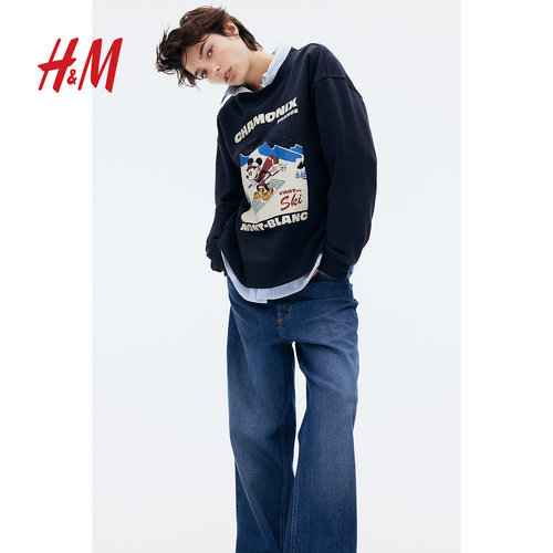 【迪士尼系列】HM女装卫衣复古做旧美式米奇印花打底衫1056840 - 图0