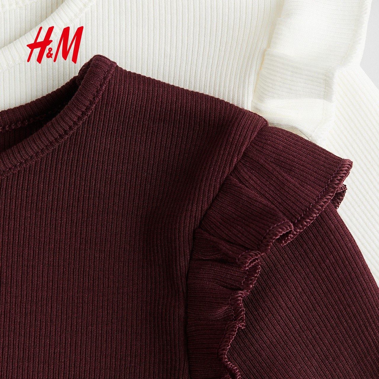 HM童装儿童女童T恤2件装冬季深红色罗纹棉质上衣1250055,淘宝优惠券,粉丝福利购,淘宝优惠卷