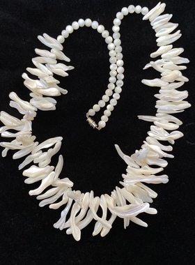 Vintage天然乳白色不规则母贝大项链 天然复古母贝串珠项链毛衣链