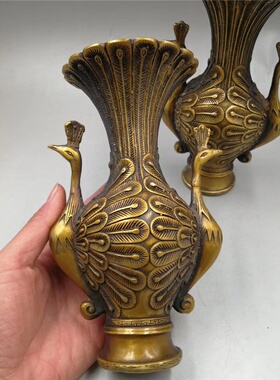 古玩杂项仿古做旧铜双凤花瓶一对家居办公工艺品风花瓶摆件批发