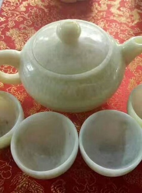 天然蓝田玉竹节南瓜茶壶茶杯茶碗玉石茶具摆件套盒