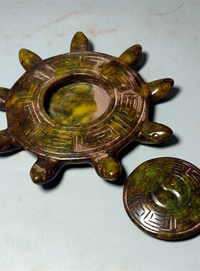 古玩在线仿古做旧工艺品岫玉雕刻八卦九头龟风水摆件文玩砚台