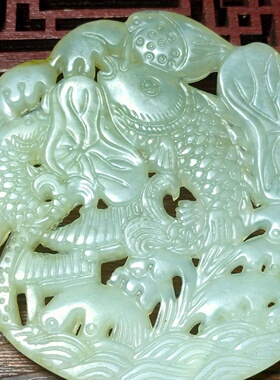古玩杂项仿古做旧工艺品岫玉雕刻镂空仿明清连年有余玉璧摆件腰挂