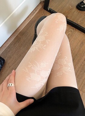 复古玫瑰花丝袜女纯欲性感黑丝薄款白色蕾丝洛丽塔防勾丝连裤袜子