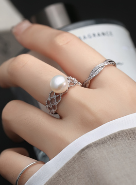 蕾丝珍珠戒指纯银开口戒指