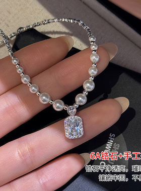 碎银方糖珍珠锆石锁骨链新款