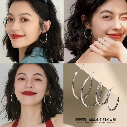明星同款纯银素圈耳环2026年新款潮气质网红耳圈女圈圈大圆环耳环 - 图2