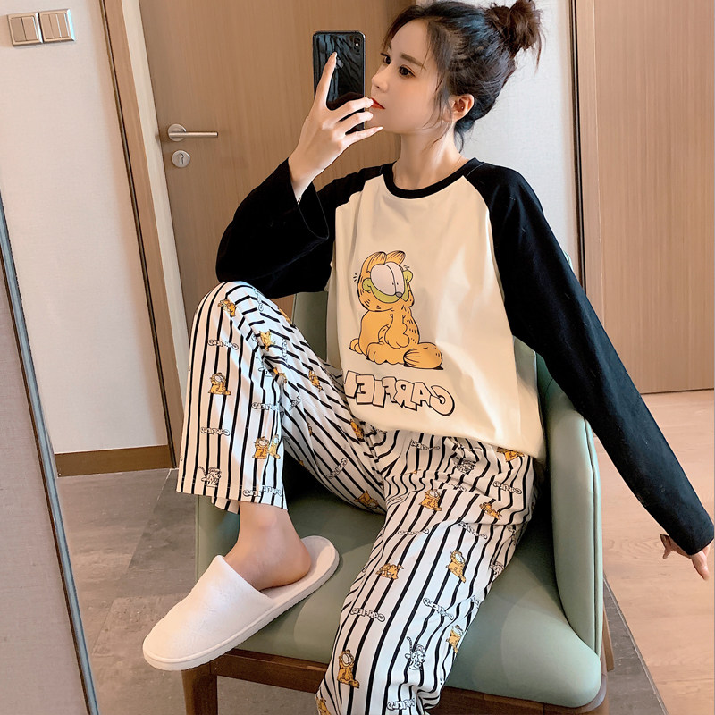 加菲猫女春夏纯棉长袖可爱外穿睡衣 pkk睡衣/家居服套装