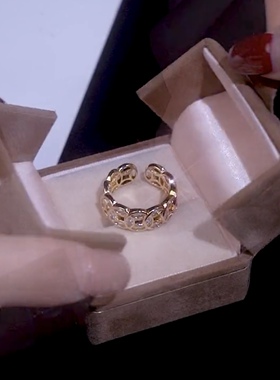 网红镶钻铜钱开口戒指可调节