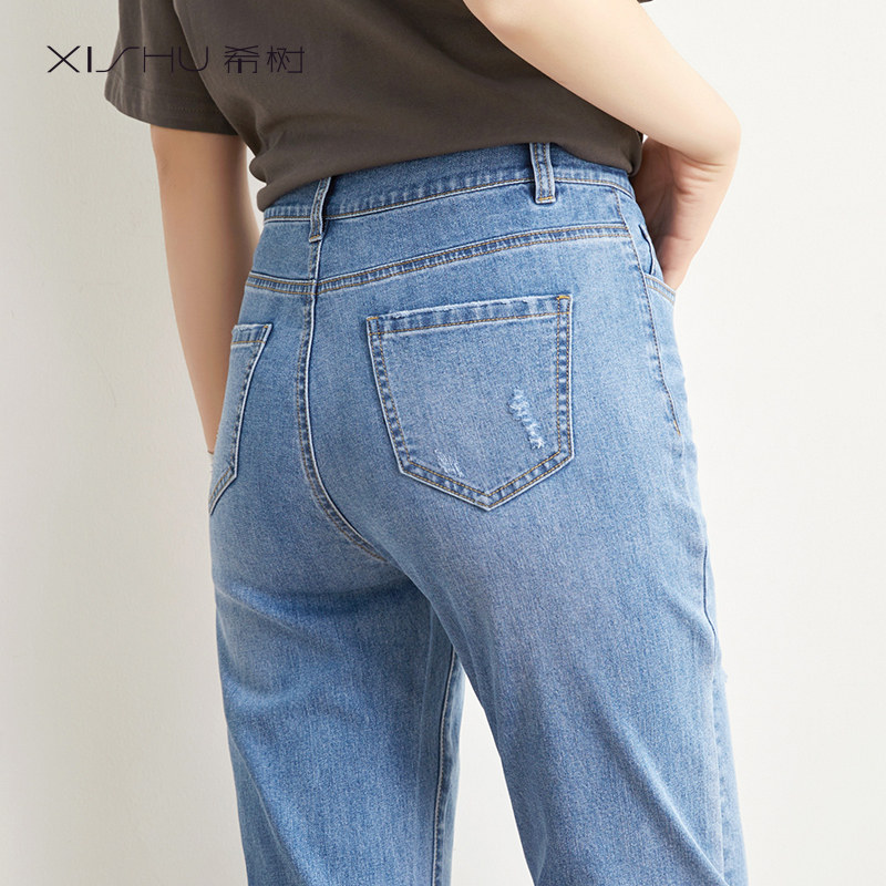 毛边小直筒宽松高腰显瘦夏牛仔裤 希树牛仔裤