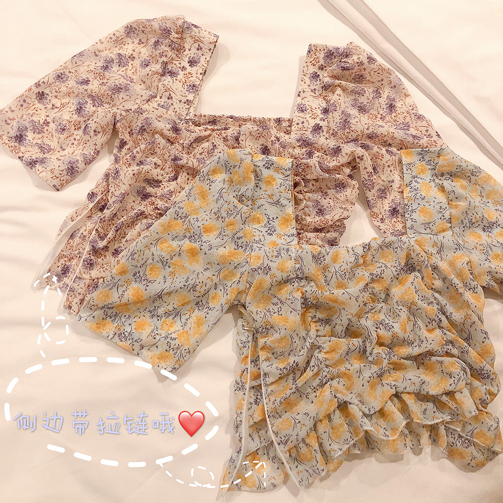 莺倍旗舰店夏季新款雪纺衫法式气质小碎花上衣女短款一字领百搭褶皱衬衣3