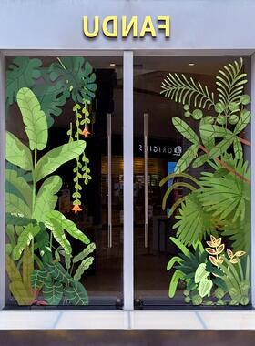 夏日上新植物绿叶玻璃贴纸酒店商场橱窗推拉门氛围装饰布置uv贴画