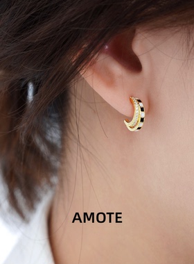 AMOTE复古棋盘格纯银S925耳钉