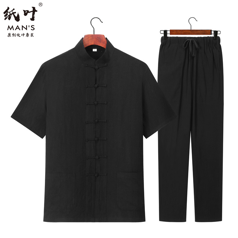 中国风棉麻唐装男装短袖套装夏季中老年人薄款复古中式汉服居士服-图2
