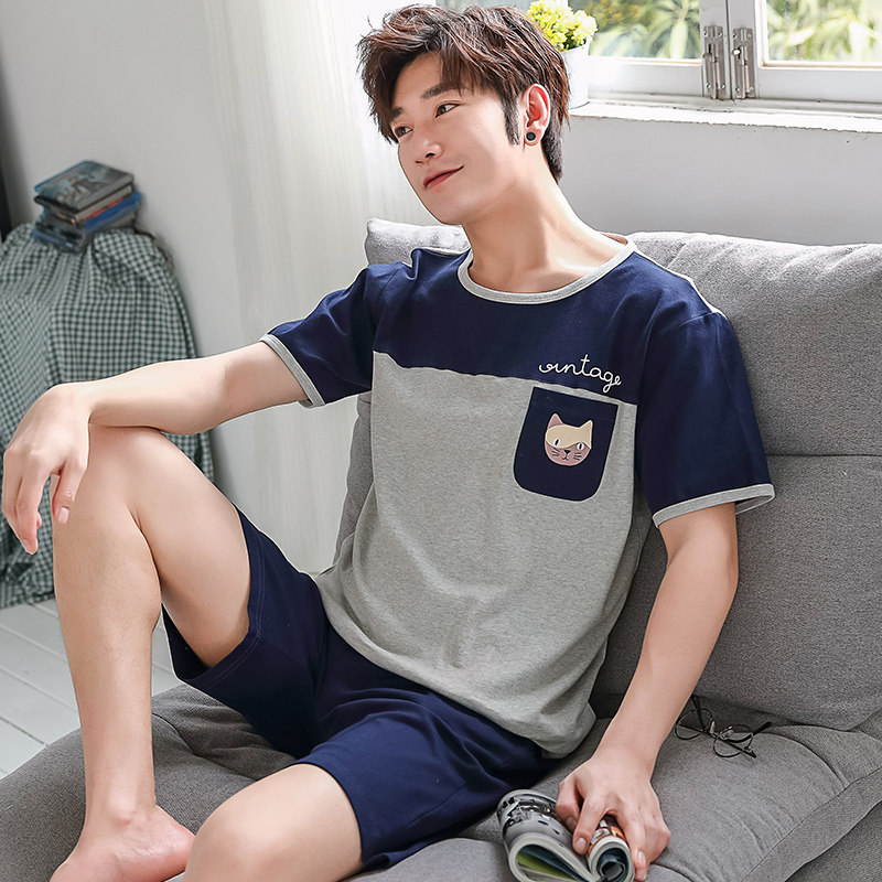 男款夏季纯棉短袖短裤青少年睡衣 迷彩鱼睡衣/家居服套装