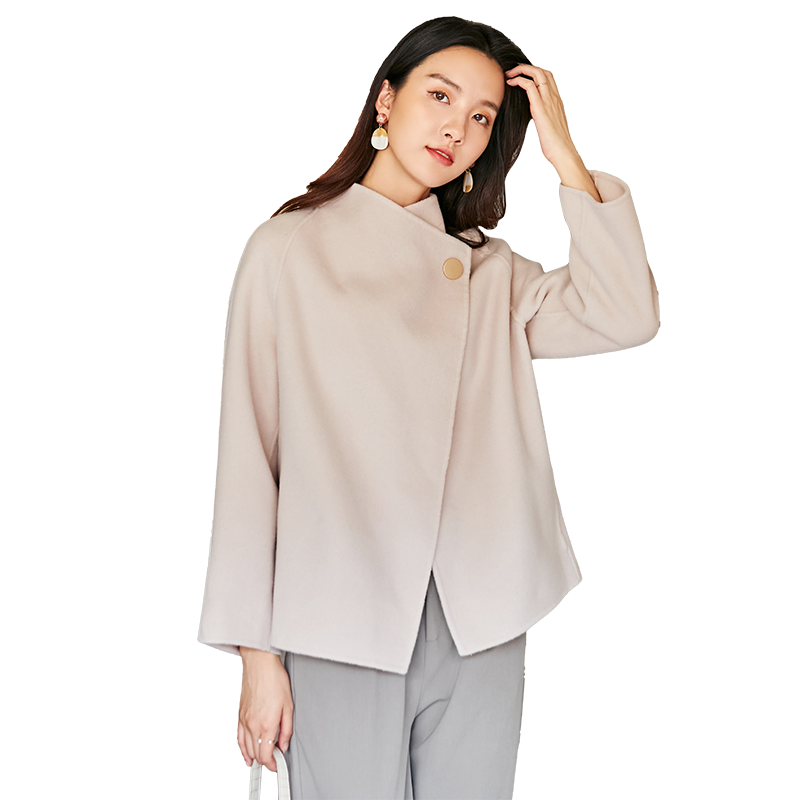 廓形斗篷外套短款小个子羊毛大衣 蓝其卡纶毛呢外套