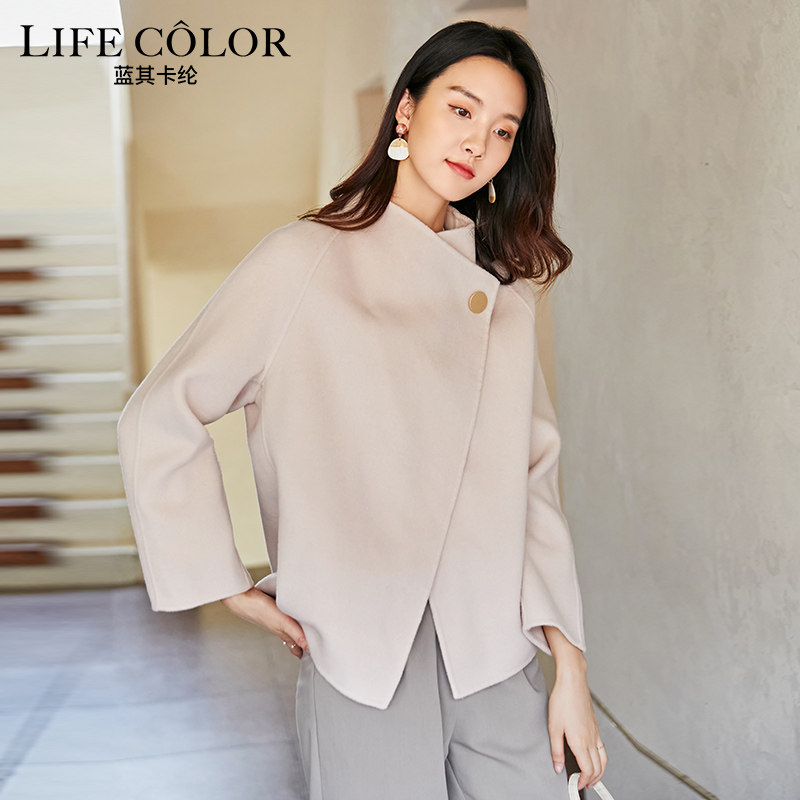 廓形斗篷外套短款小个子羊毛大衣 蓝其卡纶毛呢外套