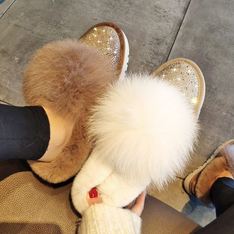 水钻雪地靴女冬短筒平底豆豆鞋低帮加绒保暖棉鞋兔毛球带钻毛毛鞋,淘宝优惠券,粉丝福利购,淘宝优惠卷