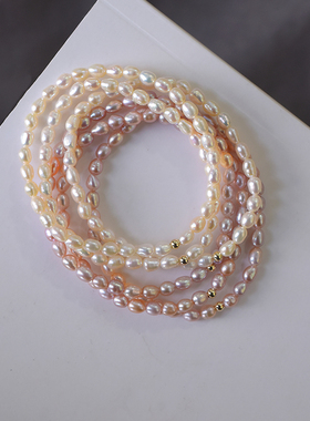 JOMEE粉紫色跟白色米形珍珠手串