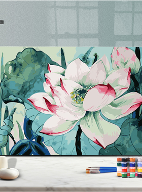 DIY数字油画材料包自己填色生香荷芙蕖菡萏白色莲花植物装饰画