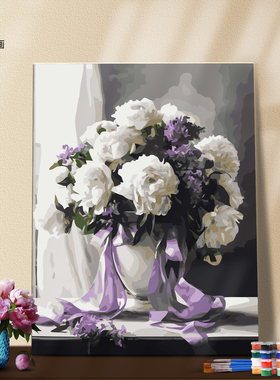 DIY数字油画自己填色白色蝴蝶兰百花齐向富贵瓶牡丹手绘装饰画
