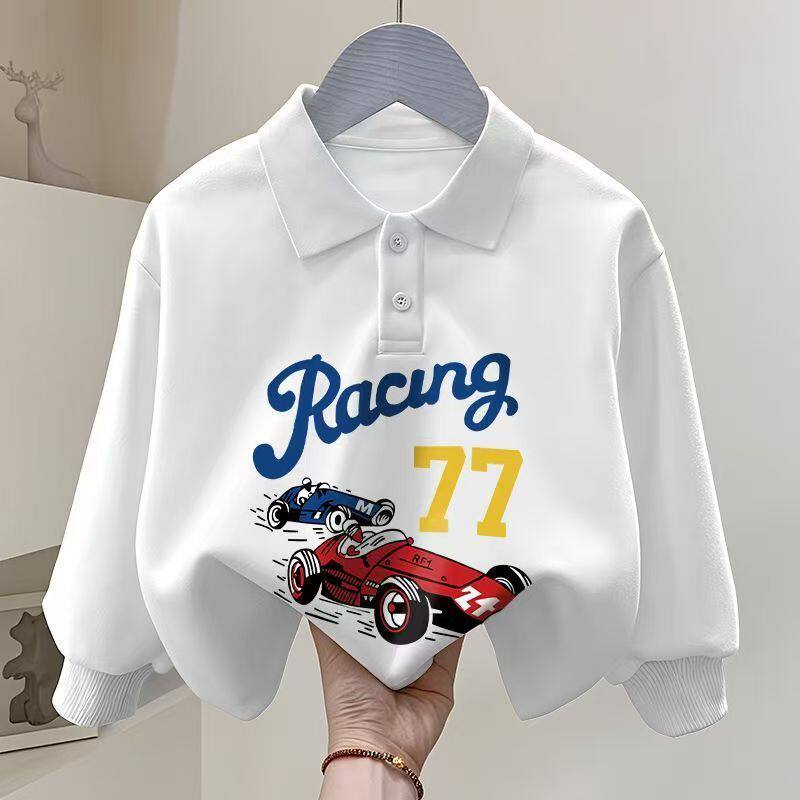 polo衫白色纯棉洋气中大童长袖t恤上衣儿童薄款卡通印花童装卫衣