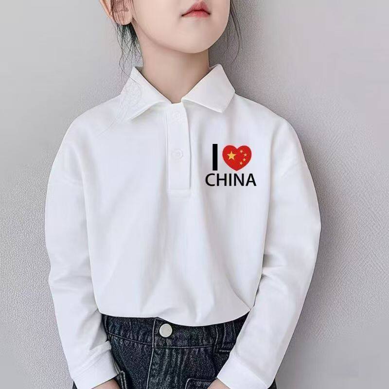 白色polo衫纯棉洋气中大童长袖上衣新款国风儿童字母印花童装卫衣