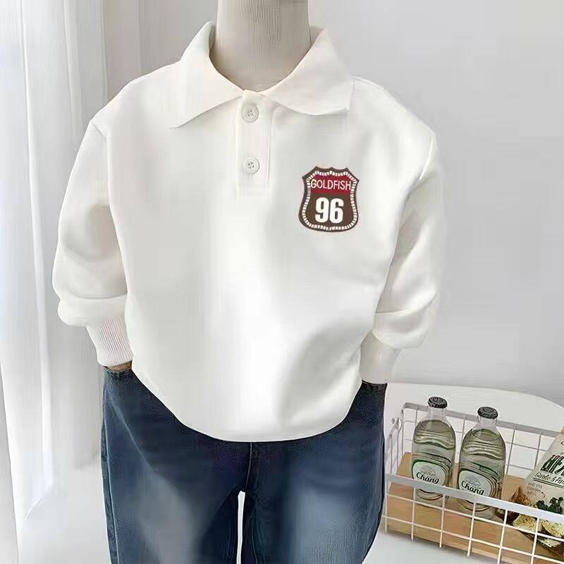 polo衫洋气纯棉休闲中大童长袖上衣新款儿童卡通白色时尚童装卫衣