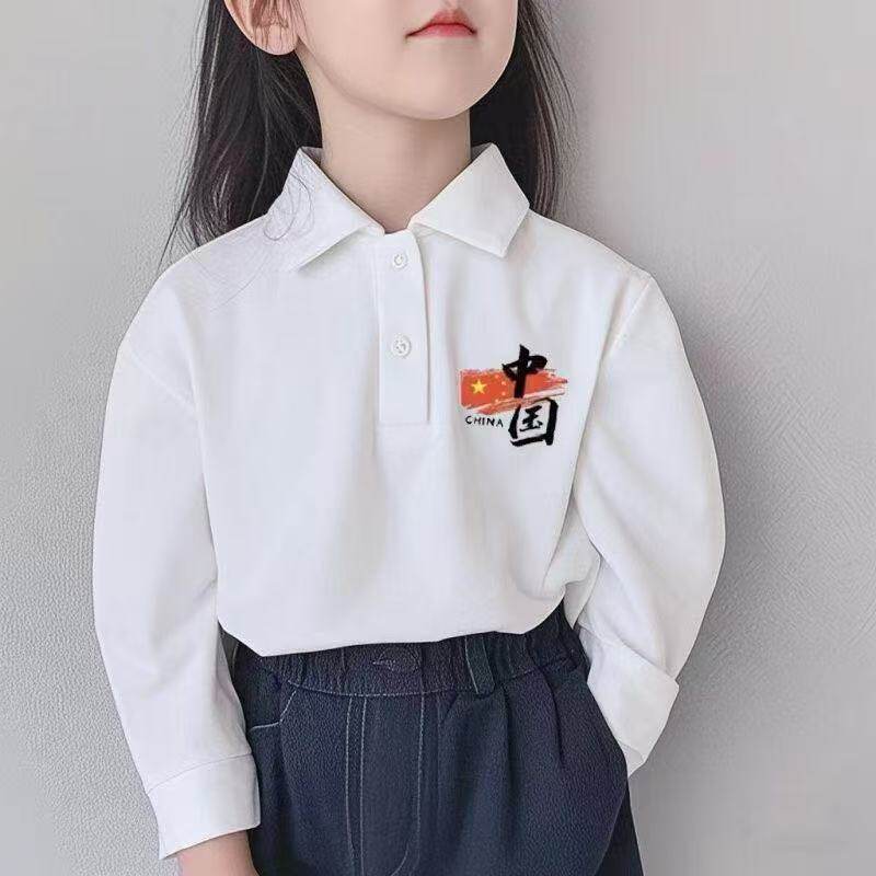 国风polo衫纯棉中大童加绒白色长袖t恤上衣儿童字母潮牌童装卫衣