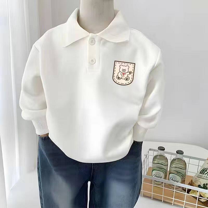 国风polo衫纯棉中大童加绒长袖t恤上衣儿童卡通潮牌白色童装卫衣