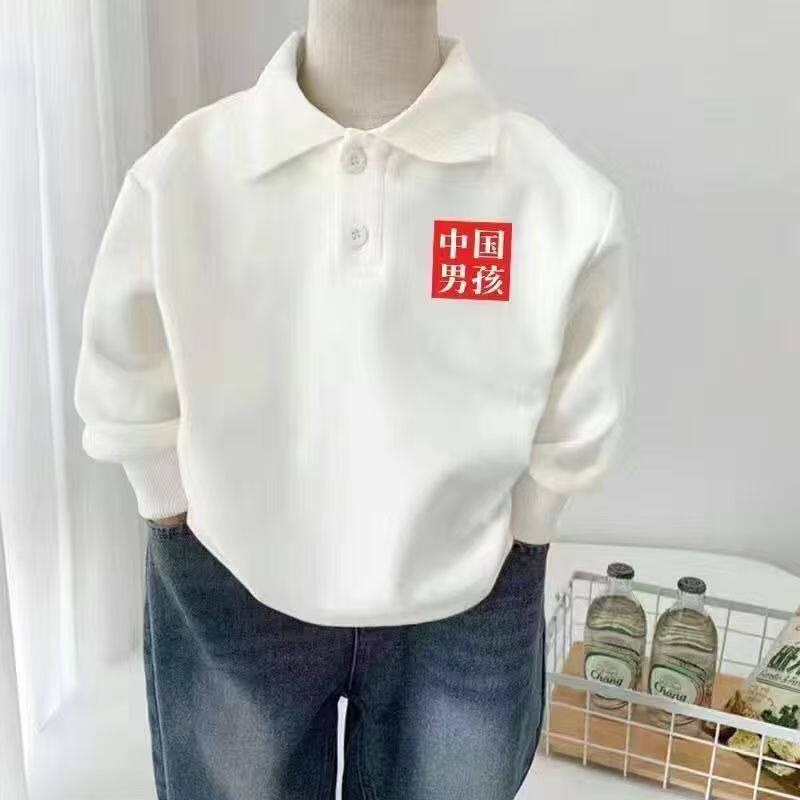 国风polo衫纯棉中大童加绒长袖t恤上衣儿童卡通潮牌白色童装卫衣