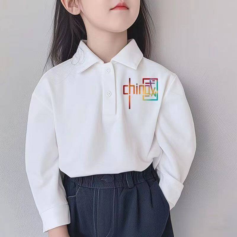 polo衫白色洋气中大童纯棉长袖上衣秋冬国风儿童字母印花童装卫衣