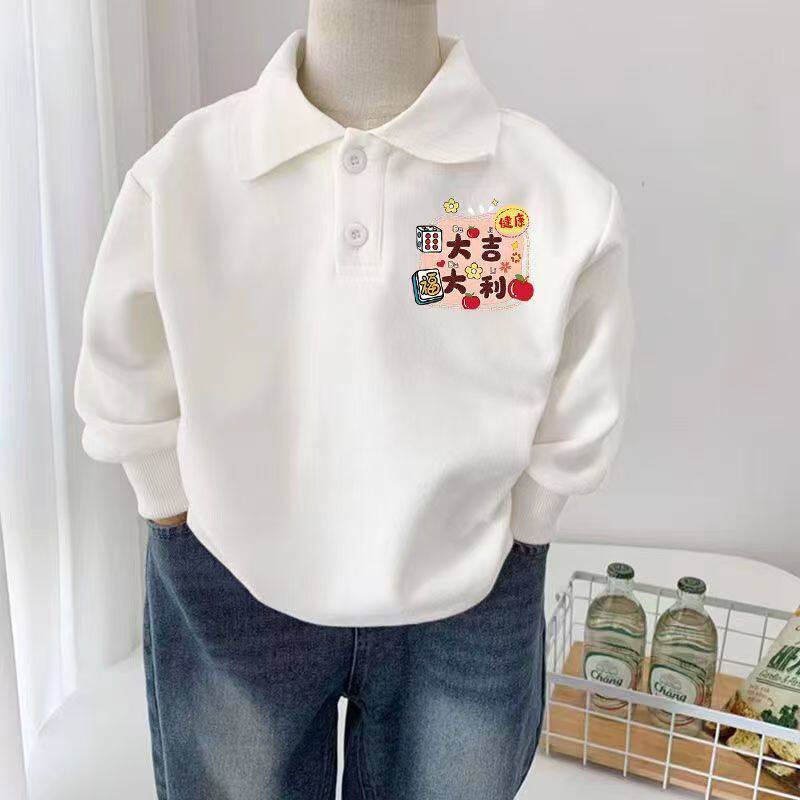 polo衫国风纯棉中大童加绒长袖t恤上衣潮牌儿童卡通白色童装卫衣