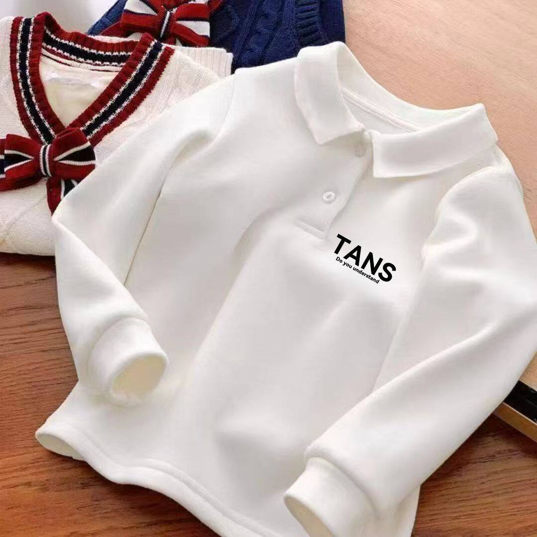 polo衫白色中大童纯棉卡通洋气长袖上衣翻领儿童宽松加绒童装卫衣