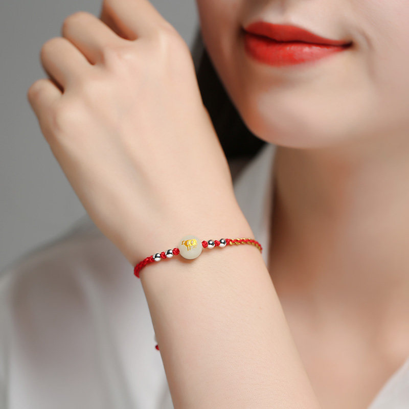 女简约牛转运珠编织绳银首饰手链 福权手链