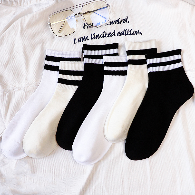 达达狼旗舰店袜子男两道杠中筒运动袜黑白色男士日系百搭纯色ins 春夏男士简约3