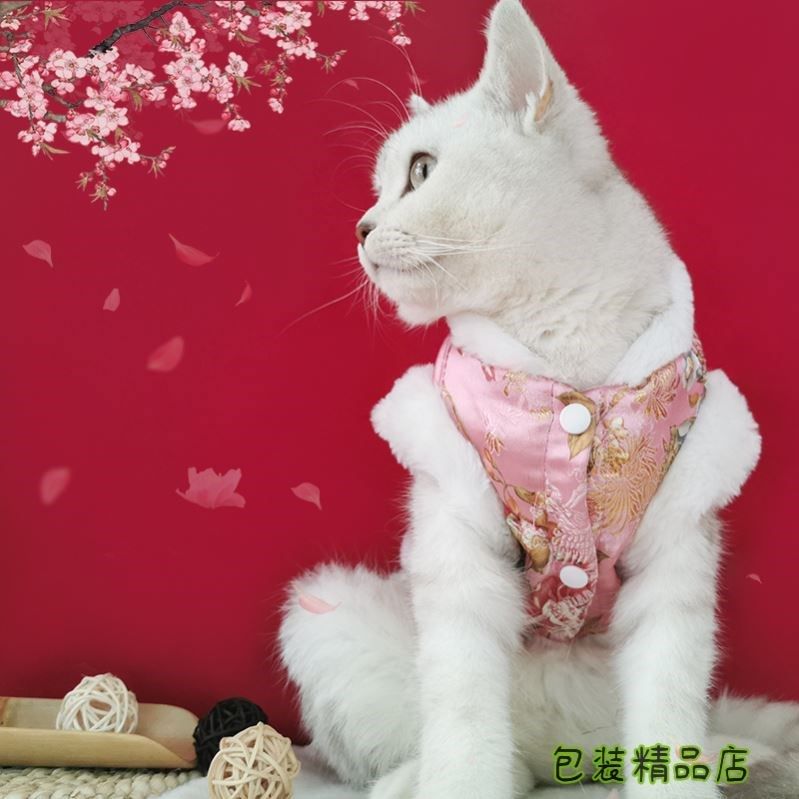 宠物拜年服猫咪新年衣服秋冬保暖小猫猫红色旗袍狗狗过年喜庆唐装-图1