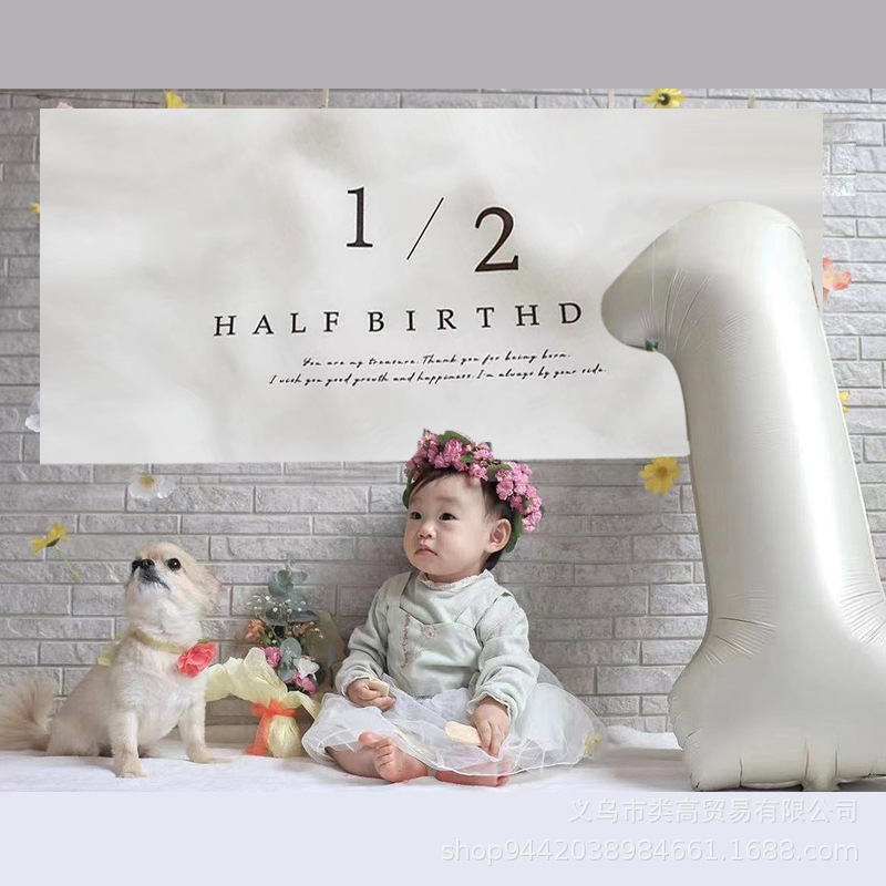 INS二分之一数字挂布日系儿百天童周岁生日挂旗派对装饰背景挂毯-图1