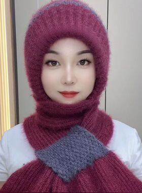 冬季围巾一体松鼠绒针织毛线帽女