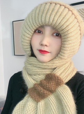 秋冬围巾一体针织帽女加绒加厚