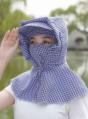 春季格纹防晒遮阳帽女采茶护颈