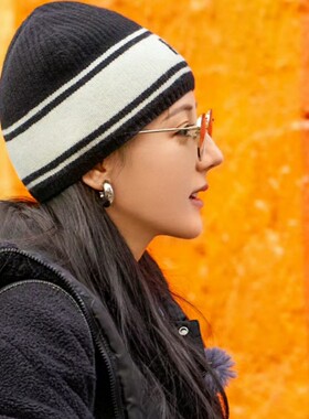 迪丽热巴同款韩国黑白字母针织帽女秋冬百搭冷帽显脸小毛线帽保暖