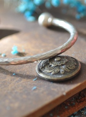 泰国清迈进口手工纯银开口刻花手镯 银饰开口可调节镯子民族风