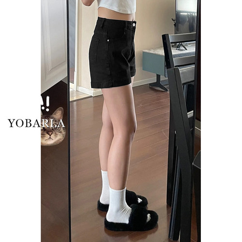 黑色高腰牛仔短裤女夏薄款大码胖mm遮肚显瘦弹力梨形身材a字热裤 - 图0